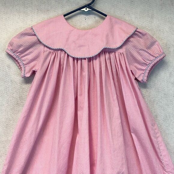 Vtg KELLY'S KIDS Dress Girl 7-8 Pink White Gingham Short Sleeve Peterpan Collar - Picture 3 of 13